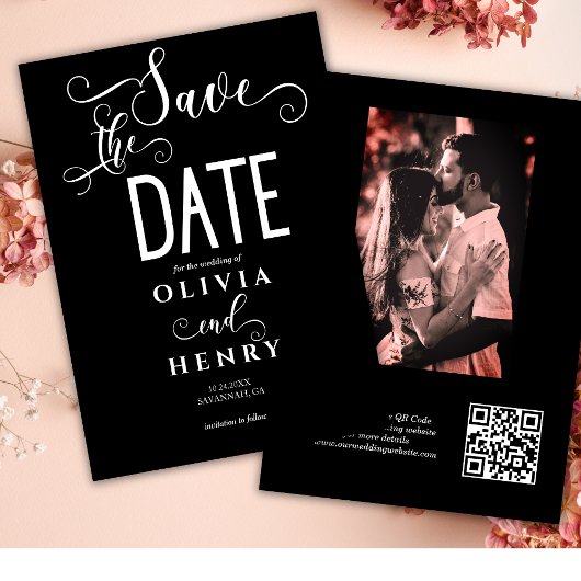 Romantische Kalligrafie Script Black Foto QR Code Save The Date
