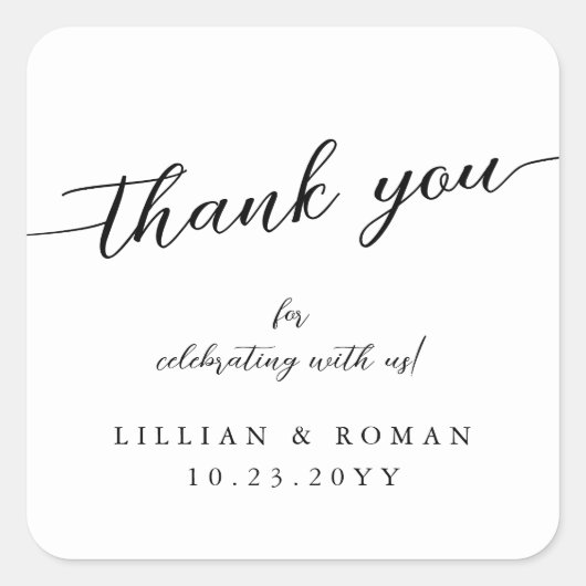 Romantische Kalligrafie Script Black & White Weddi Quadratischer Aufkleber (Vorderseite)
