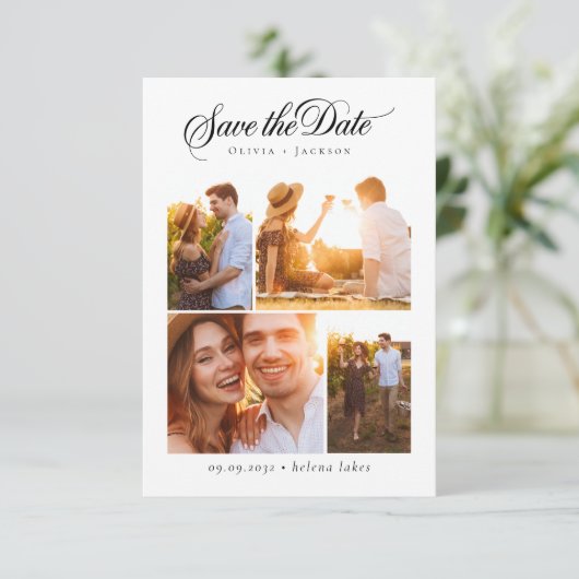 Romantische Kalligrafie Script Foto Collage Weddin Save The Date (Stehend Vorderseite)