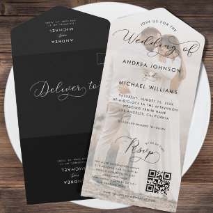 Romantische Kalligrafie Script Foto Qr Code Hochze All In One Einladung