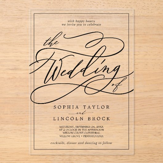 Romantische Kalligraphie Moderne einfache Hochzeit Acryleinladungen (Vorderseite)