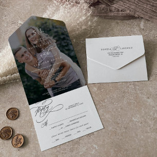 Romantische Kalligraphie Monogram Dark Foto Weddin All In One Einladung