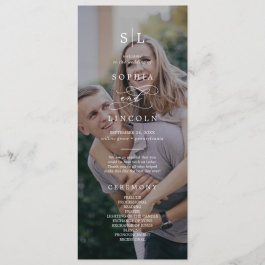 Romantische Kalligraphie Monogram Dark Foto Weddin Programm (Vorderseite)