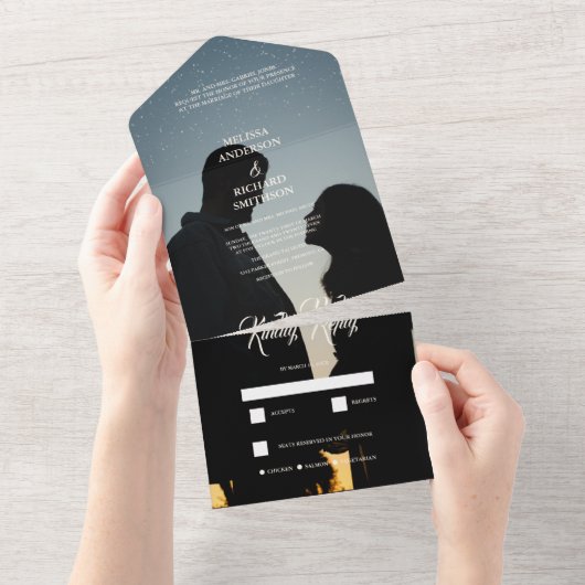 Romantische Kalligraphie Monogram Foto Wedding All In One Einladung (Abreißen)