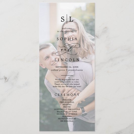 Romantische Kalligraphie Monogram Foto Wedding Programm (Vorderseite)