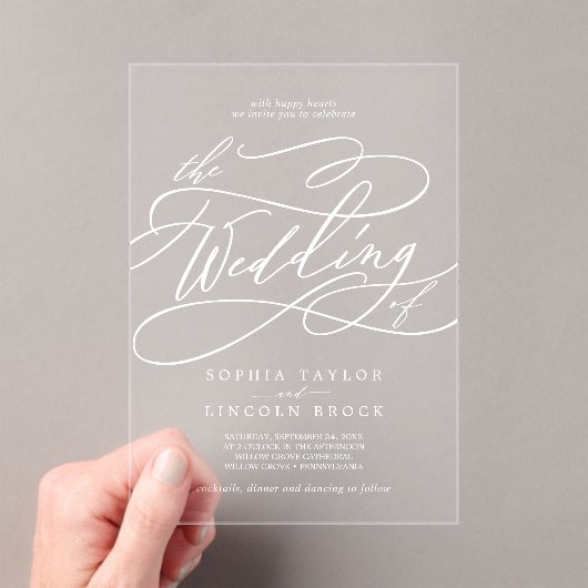 Romantische Kalligraphie Weiß Elegante Klassische Acryleinladungen (Insitu (Handheld))