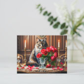 Romantische Katze mit Rose Bouquets Postkarte (Stehend Vorderseite)