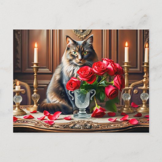 Romantische Katze mit Rose Bouquets Postkarte (Vorderseite)