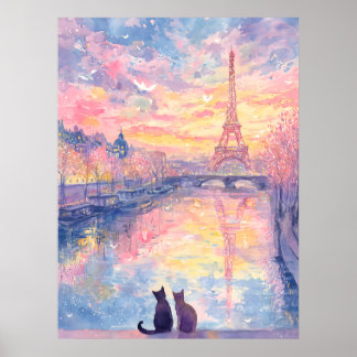 Romantische Katzen im Pariser Sonnenuntergang – Aq Poster