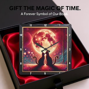 Romantische Katzensilhouette Vollmond Quadratische Wanduhr