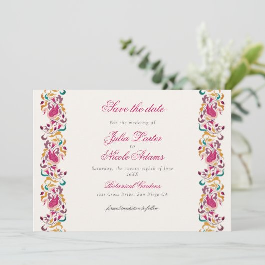 Romantische klassische Pearl Swan Floral Frame Wed Save The Date (Stehend Vorderseite)