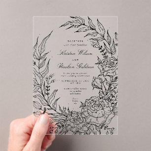 Romantische klassische Schwarz-Flora-Kranz-Hochzei Acryleinladungen