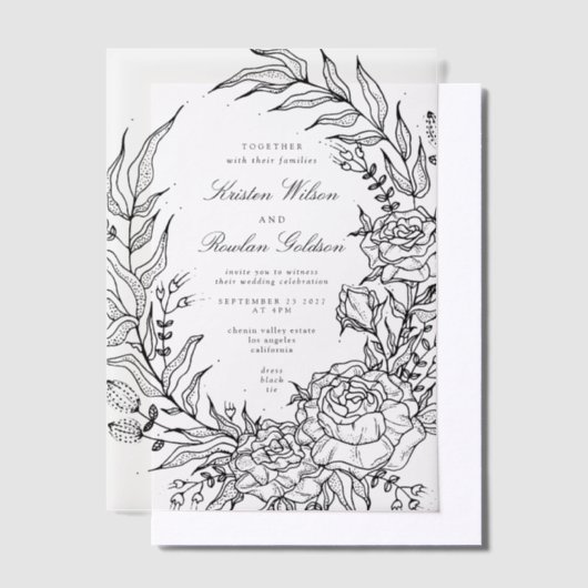 Romantische klassische Schwarz-Flora-Kranz-Hochzei Pergament Einladungen (Versetzt)