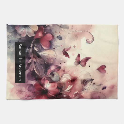 Romantische Küche: Abstrakte Herzschmetterlinge Geschirrtuch (Horizontal)