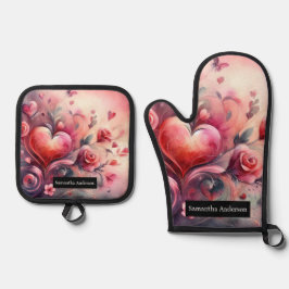 Romantische Küche: Abstraktes Herz Ofenhandschuh & Topflappen-Set