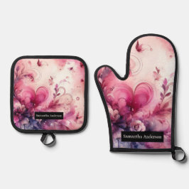 Romantische Küche: Abstraktes Herz Ofenhandschuh & Topflappen-Set