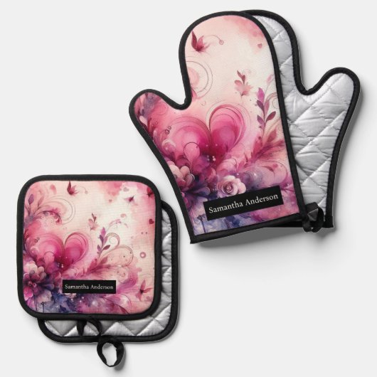 Romantische Küche: Abstraktes Herz Ofenhandschuh & Topflappen-Set (Vorderseite/Rückseite)