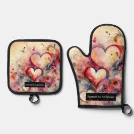 Romantische Küche: Abstraktes Herz Ofenhandschuh & Topflappen-Set