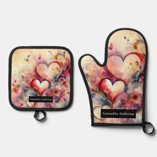 Romantische Küche: Abstraktes Herz Ofenhandschuh & Topflappen-Set (Vorderseite)