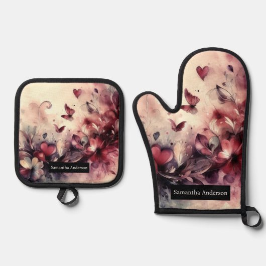 Romantische Küche: Abstraktes Herz Ofenhandschuh & Topflappen-Set (Vorderseite)