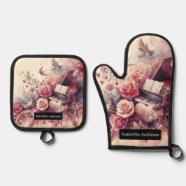 Romantische Küche: Abstraktes Herz Piano Musik Ofenhandschuh & Topflappen-Set