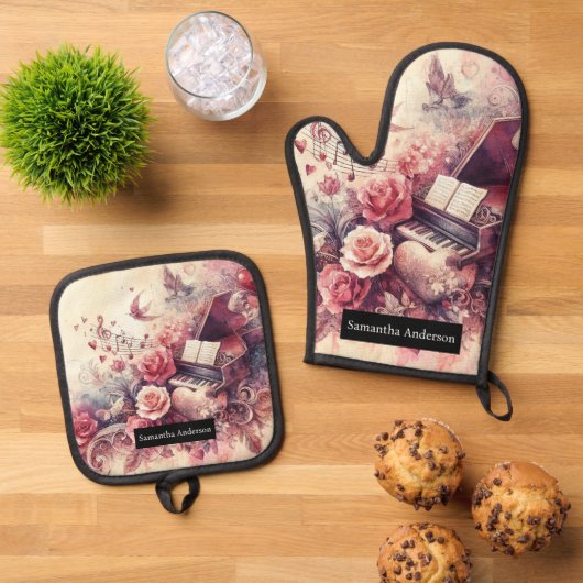 Romantische Küche: Abstraktes Herz Piano Musik Ofenhandschuh & Topflappen-Set (Oben Unten)