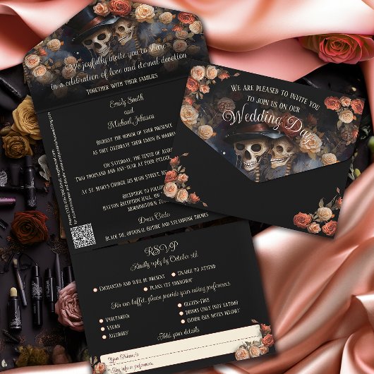 Romantische Küssen Skeletons Gothic Wedding All In One Einladung