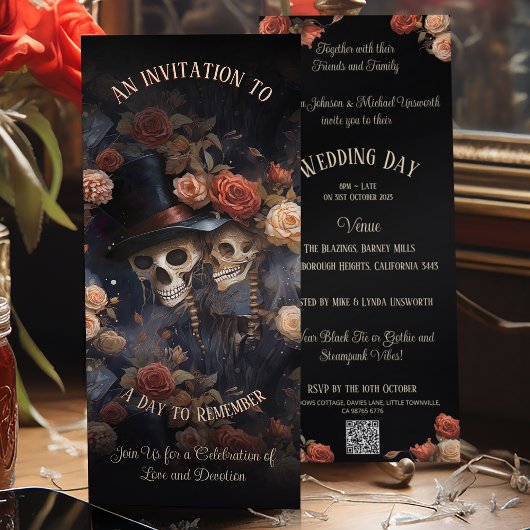 Romantische Küssen Skelette QR Code Gothic Wedding Einladung