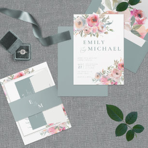 Romantische Landhausblumen Blush Blau Salbei Einladung