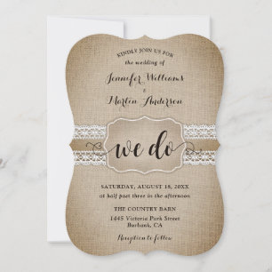 Romantische ländliche Hochzeit mit Jute und Spitze Einladung