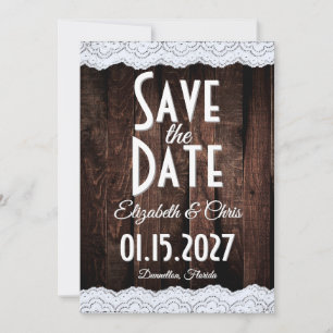 Romantische Landschick-Spitzen und rustikales Holz Save The Date