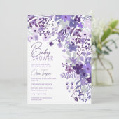 Romantische Lavendel-Wild-Blume Federbaby Dusche Einladung (Stehend Vorderseite)