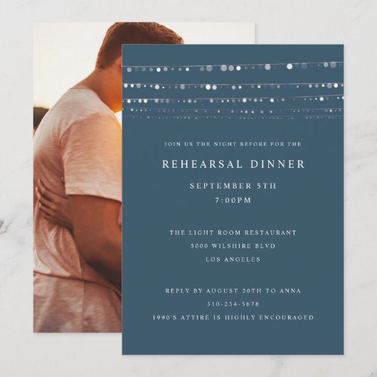 Romantische Lichter Blauer Probe Abendessen Einladung (Vorne/Hinten)