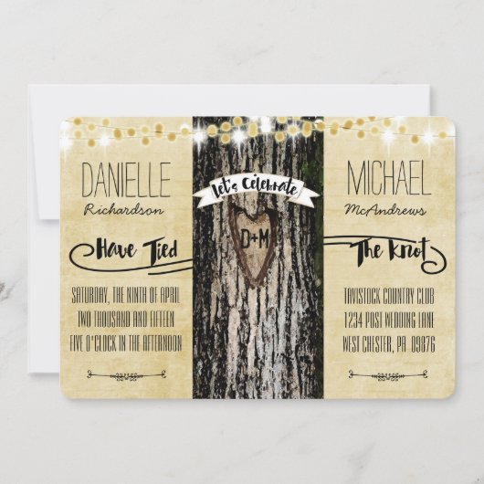 Romantische Lichter & rustikale Baumpost Hochzeit Einladung (Vorderseite)