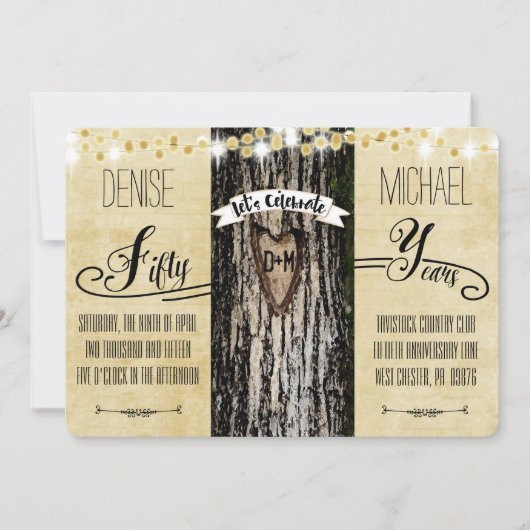 Romantische Lichter & rustikaler Baum 50 Jahre alt Einladung (Vorderseite)