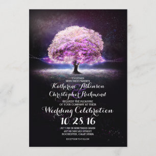 romantische Lichterkette Baum lila Hochzeitseinlad Einladung