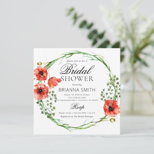 Romantische Liebe Crown Red Poppy Brautparty Einladung (Stehend Vorderseite)