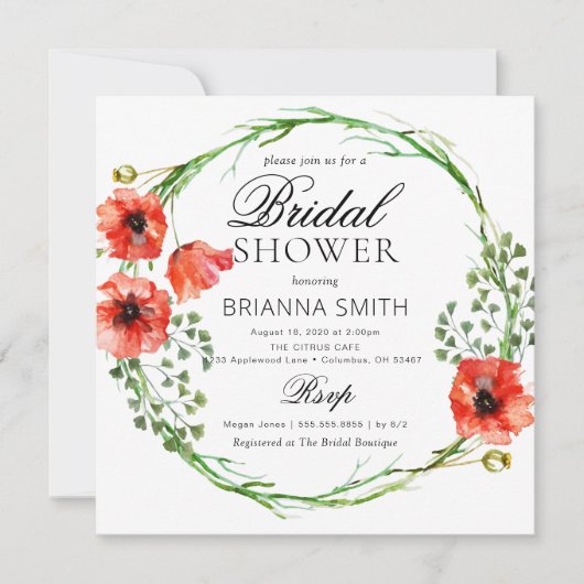 Romantische Liebe Crown Red Poppy Brautparty Einladung (Vorderseite)