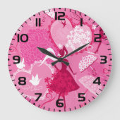 Romantische Liebe Silhouette Muster Rosa Herzen Große Wanduhr (Vorderseite)