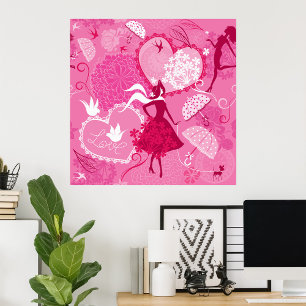 Romantische Liebe Silhouette Muster Rosa Herzen Poster