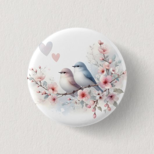 Romantische Liebesvögel Kirschblütenzweig Button (Vorderseite)