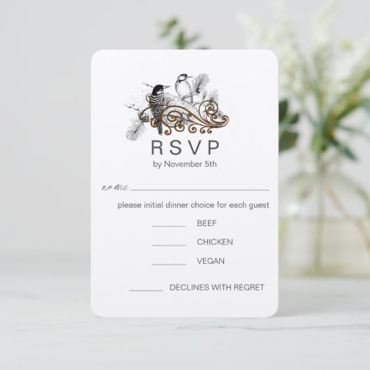Romantische Liebesvögel Woodpecker Wedding RSVP Einladung (Stehend Vorderseite)