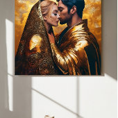 Romantische Liebhaber Küssen im goldenen Hintergru Poster