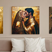 Romantische Liebhaber Küssen im goldenen Hintergru Poster