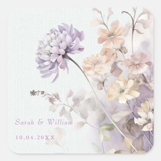 Romantische lila Blume Hochzeitsticker Quadratischer Aufkleber (Vorderseite)