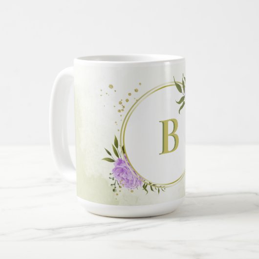 romantische lila Blumen Grüne Hochzeit Kaffeetasse (Vorderseite Links)