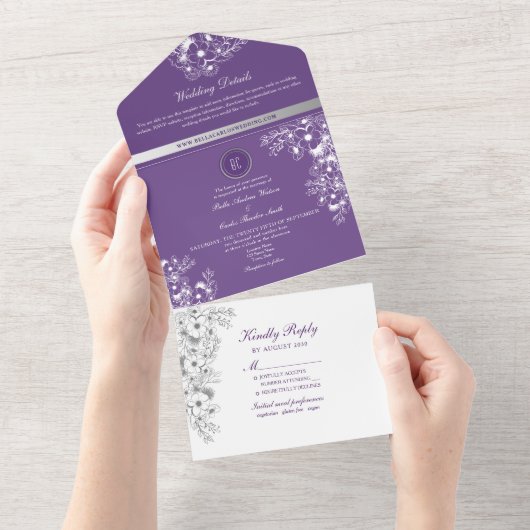 Romantische Lila Blumenhochzeit All In One Einladung (Abreißen)