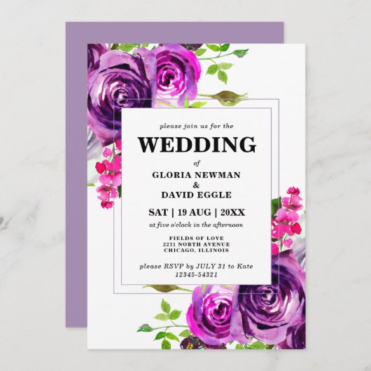 Romantische Lila Blumenhochzeit Einladung (Vorne/Hinten)