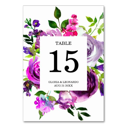 Romantische Lila Blumenhochzeit-Tischnummer Tischnummer (Rückseite)