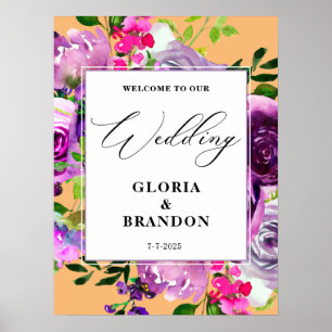 Romantische Lila Blumenhochzeit Willkommen Poster